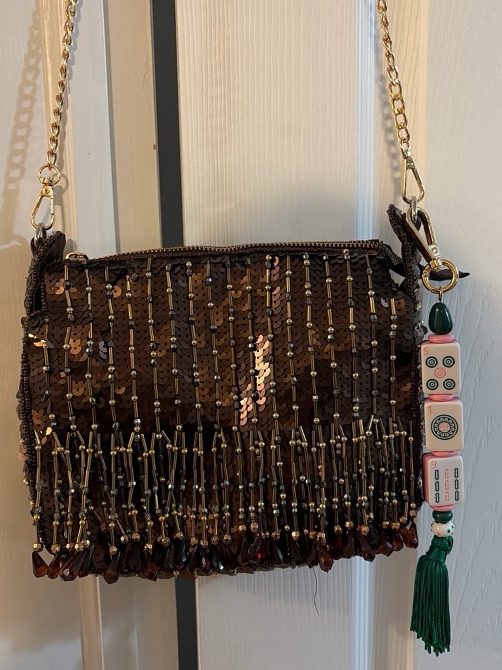 Brown Sequin & Beaded Crossbody Bag